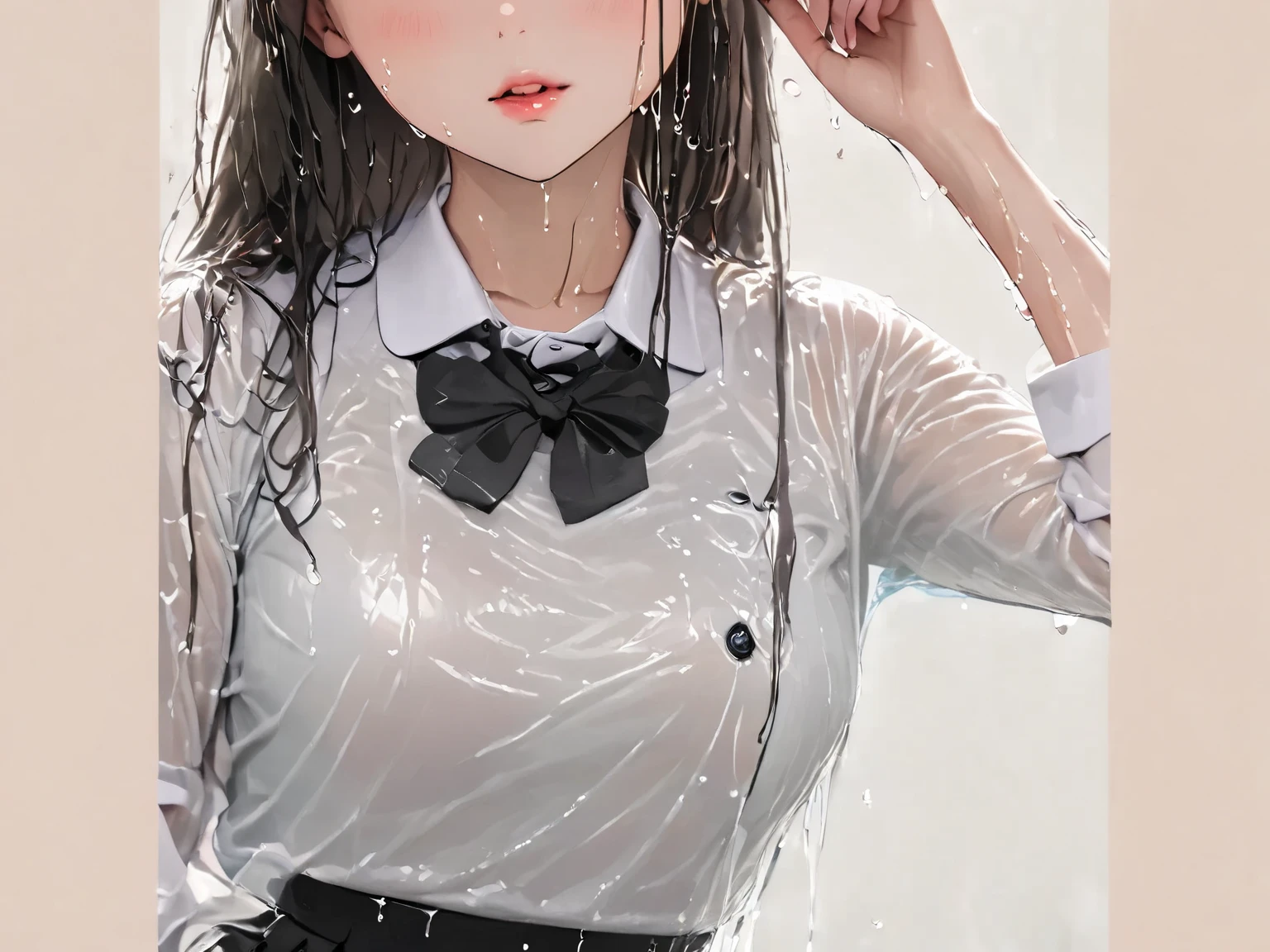 1 girl, long black hair,high school girl uniform, shy, blush, Wet, rain, transparent, (masterpiece, highest quality), soft light, cinematic composition, cinematic light