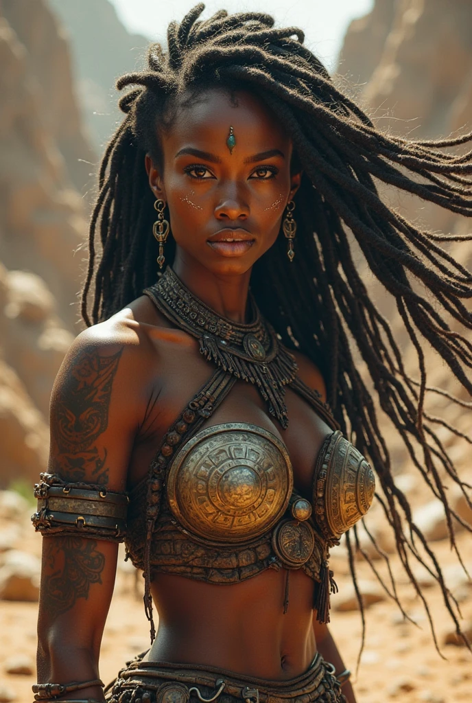 a close up of a woman with dreadlocks and a necklace, cinematic goddess shot, cinematic goddess body shot, cinematic goddess close shot, beautiful futuristic himba woman, dark skin female goddess of love, futuristic himba young woman, futuristic himba teenage girl, still from a fantasy movie, warrior woman, black emma watson as egyptian, himba hairstyle, himba, ana de armas as joan of arc, still from a live action movie, biblical epic movie, imogen poots as a holy warrior, scene from live action movie, still from a fantasy movie, film still of gal gadot, still from the movie, screenshot from a movie, film still dnd