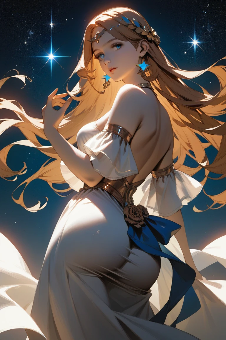 top-quality、Top image quality、masterpiece、Rear viewの超美形エルフ美女((22 years old OL big wing、giant archangel winged bust、big bast、Bust 90,beautiful long ironed hair、a blond、globe、、A slender、a closeup、Esbian、beautiful tiara、hiquality、Beautiful Art、Background with((starrysky)))masutepiece、visualart、depth of fields、low angle of morning sky、、Elven ears、、light magic、Space Knight、harp melody🎵、Happy smile、Gentle light、、Beautiful legs that are gentle on the skin、、、Number of fingers to achieve precise finger movements、ticker beautiful decorative white dress、elegent、Mystical Rosa、 Heaven、Marble pillars, beautiful dressy、magnificent marble dome、Huge galaxy、religious painting、holding the earth、Temple of Time、Great watch、hour glass、sundial、moment of creation!myth、alphonse mucha art、art noveau、byzantine art、folding screen picture、gold foil、Raphael's paintings、Renaissance art、Rear view、beautiful ass、fullnude