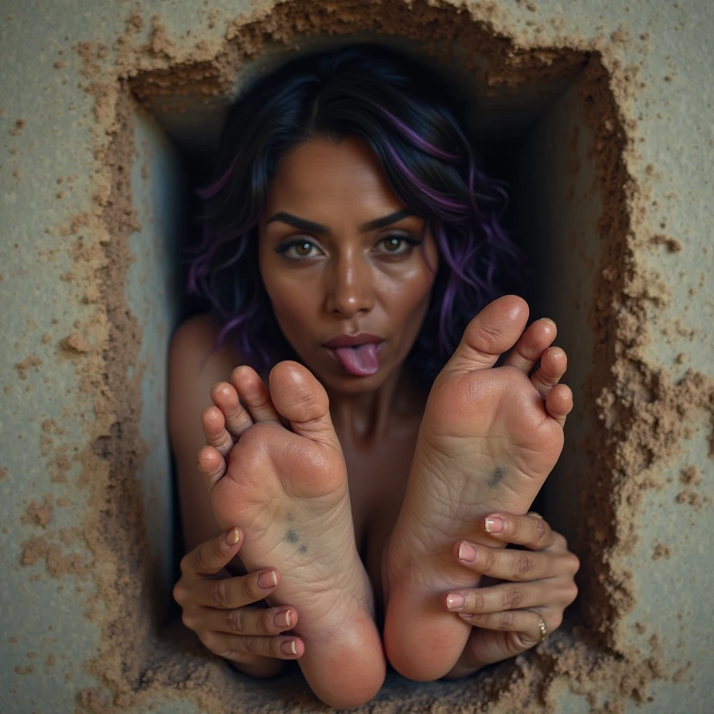 Pale skin nude woman in black hijab licking foot of a African black man in bathroom view from side realistic photo photorealism realistic body normal body consistent fixed fingers eyes 