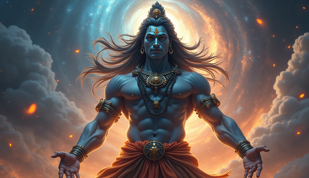 Vishnu as the Preserver: A powerful and serene Vishnu standing tall with the Earth held gently in one hand, representing his role as the preserver of the universe, with an aura of protection surrounding him