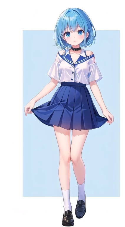 ((masterpiece)),(((Highest quality))),((Character design sheet)),Thin thighs,Long legs,Girl in light blue clothes:1.5,Wearing light blue tights:1.5,The best smile:1.5,Full Body Shot:1.5,Gray background:1.5,Wearing black high heels:1.5,short side wave:1.5,