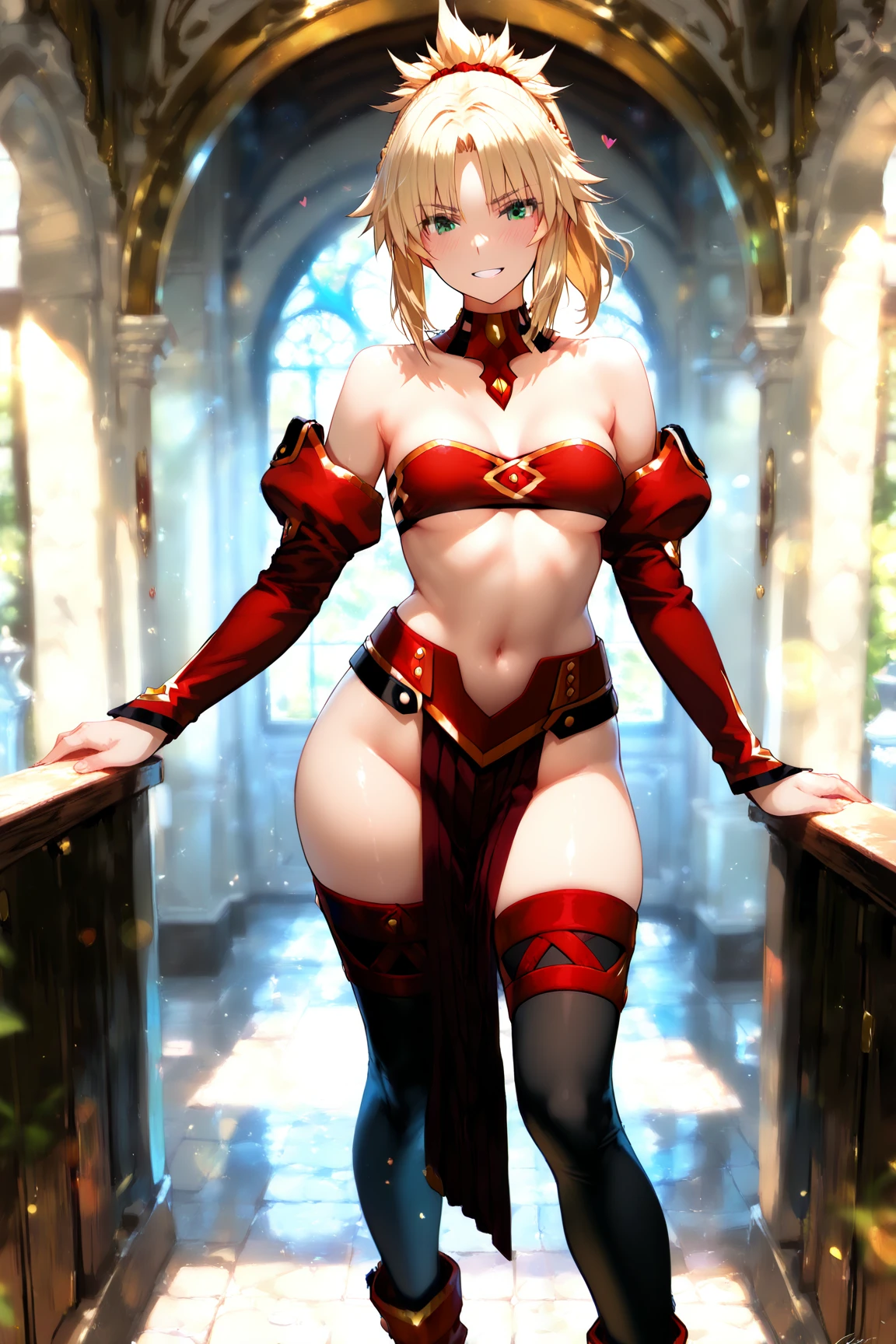 (((SFW、sound、Highest quality、first-class、masterpiece、Normal body、8k、Detailed face、Ultra-precision、Normal hand、Normal finger、5Finger、Highest)))、Tina Branford、FFⅥ、Final Fantasy 6、Green blonde、ponytail、Red leotard、Shoulder Off、No sleeve、Pareo、Knee-high boots、Mage Warrior、blush、Feeling embarrassed、On all fours、Control Collar、Manipulated、操られてOn all foursになった