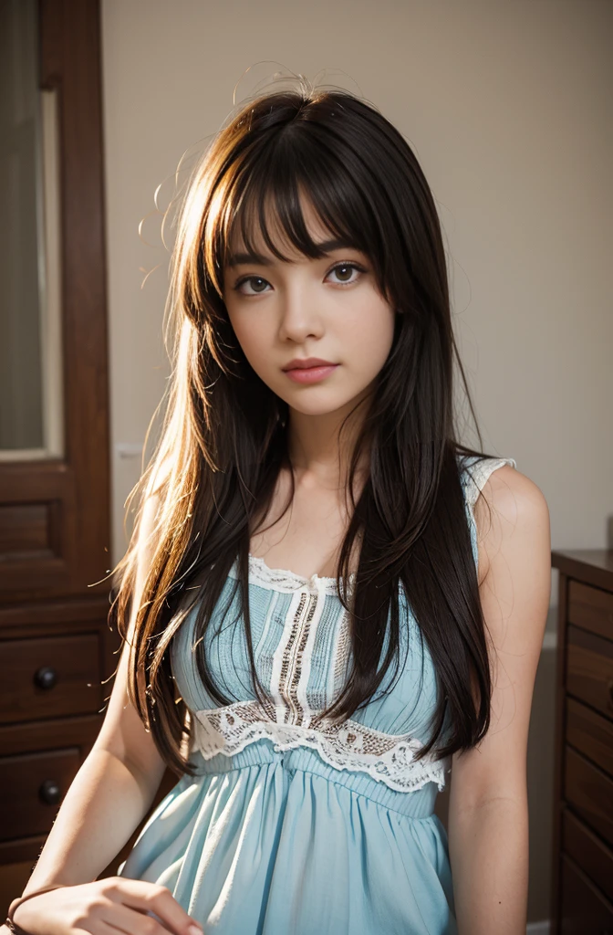 Semi realistic 3d anime style character woman with long black hair with light brown locks, ojos azules brillantes, piel clara con pecas, with soft and tender expression, cuerpo completo usando un vestido adorable