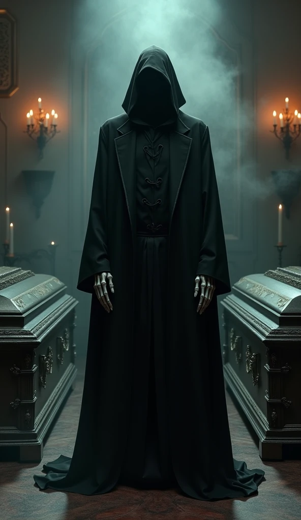 naughty man, skeletor, sitting at the cemetery door, wearing black, holding a cane 