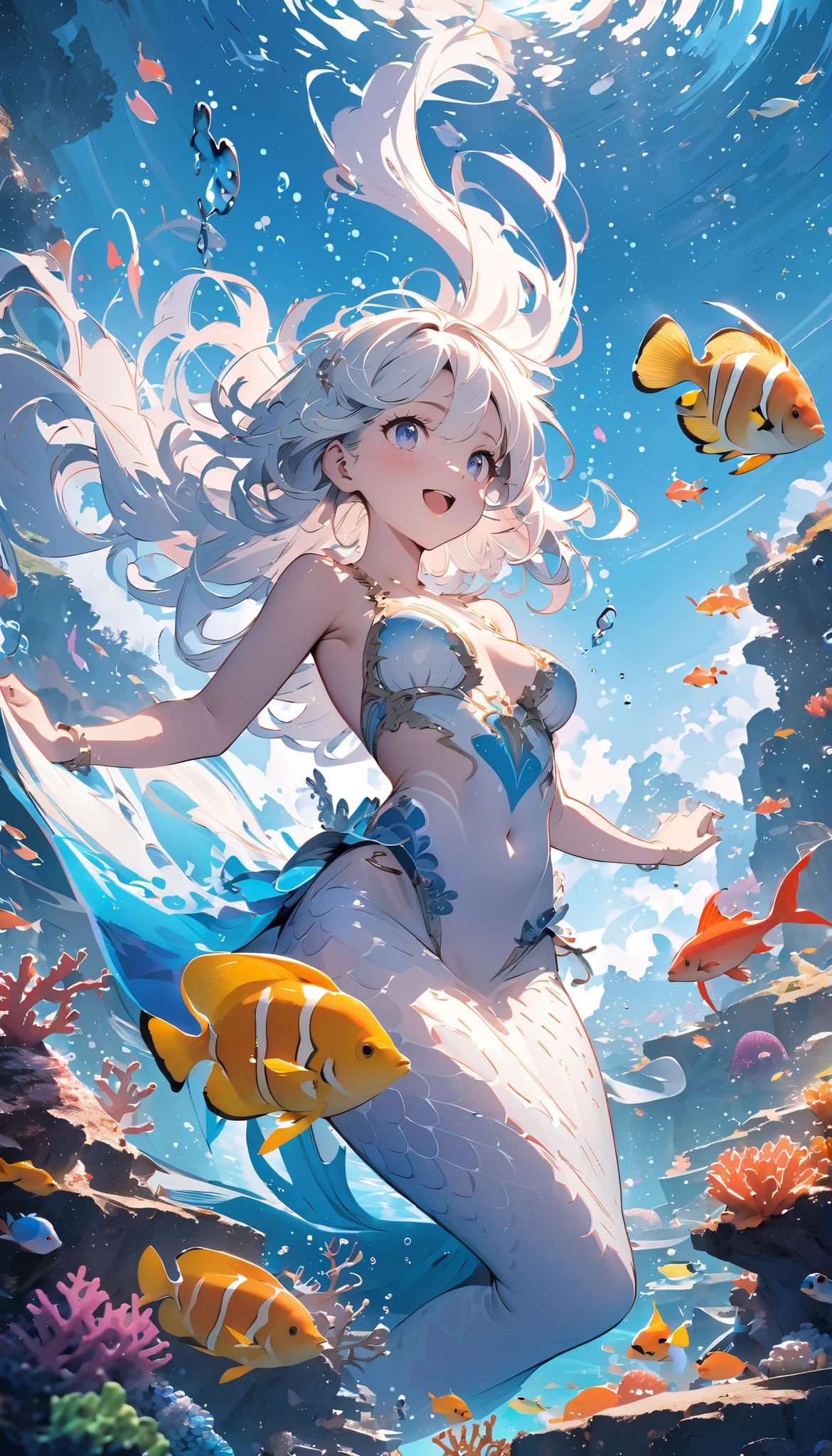Ultra-detailed details, upscaled, best quality, 8k, high quality, masterpiece, pretty fingers, webbed feet, white fish scales, with small fishes, looking up, straight hair, Fair skin, side sun-light, reflection light, dynamic pose realistic, detailed and correct facial structure, a tail of whale, sunlight, back light, beautiful mermaid