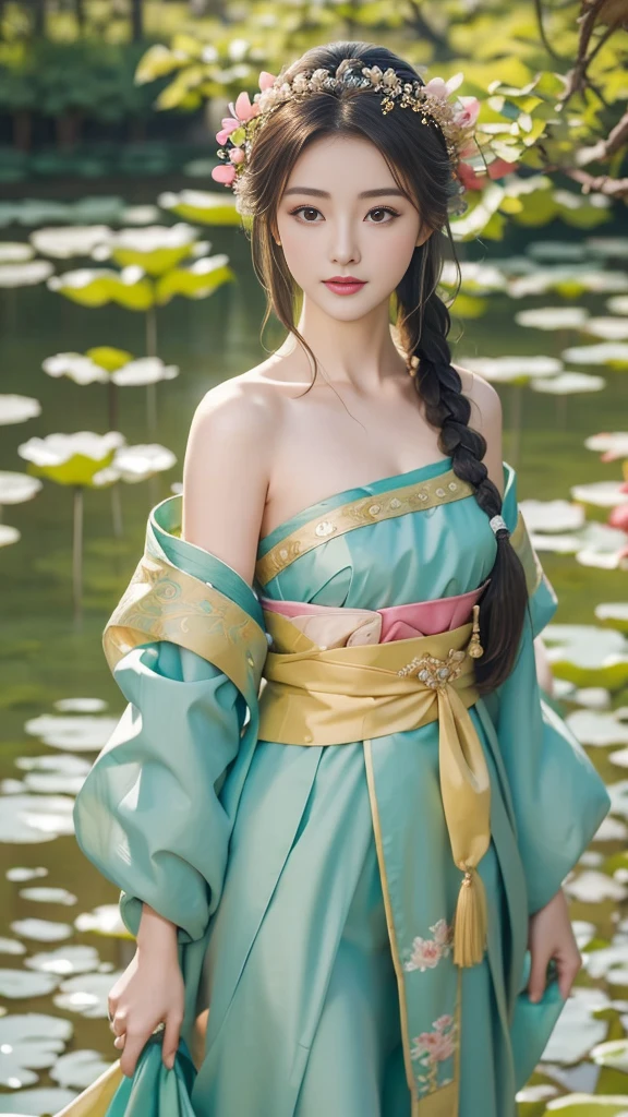 (masterpiece), (best quality), (Ultra-delicate), (illustration), (Extremely refined), (Dynamic Angle), White and black highlights, (China龙背景), China, 1 girl, Hanfu, (Intricate details) (Beautiful and delicate eyes), Golden Eyes, Green pupils, Delicate face, Upper Body, Messy and flowing hair, Messy hair, Key Points, Perfect hands, (Fantasy),Large Breasts,Slipping breasts。Draw a delicate and elegant picture of a beautiful woman in classical palace costume,The setting is in the Imperial Garden of the Imperial Palace。She was dressed in a gorgeous court dress.,The long skirt embroidered with gold threads sways gently in the wind,The hem is embellished with delicate peony patterns。Her long hair fell like a waterfall,Wearing gold on the head,Pearl tassels sway gently。Good looking,Eyebrows like distant mountains,Eyes like autumn water with affection,Red lips and white teeth,With a smile。Holding a delicate fan in hand,The fan is painted with landscapes,Looks both noble and gentle。Surrounded by blooming peonies and orchids,The air is filled with a faint floral fragrance。Soft light,Sunlight shines through the gaps in the leaves,Sprinkle on her,Mottled light and shadow。