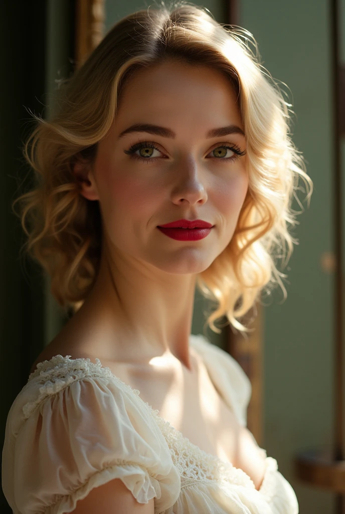 A short, blonde pornographic actress about to start recording ((corpo inteiro))