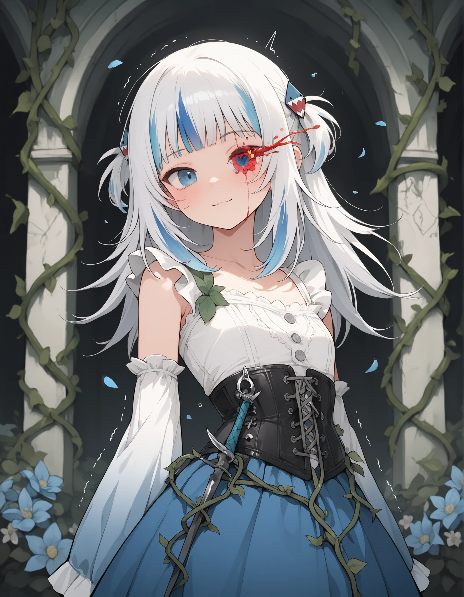 gawr gura,(crumbling corset PIERCED by thorny vines:1.3), (vines FORCIBLY BLOOMING from eye sockets:1.5), (petals made of dried blood), overgrown ballroom, bioluminescent fungus
,masterpiece, best quality, newest, highres, absurdres,