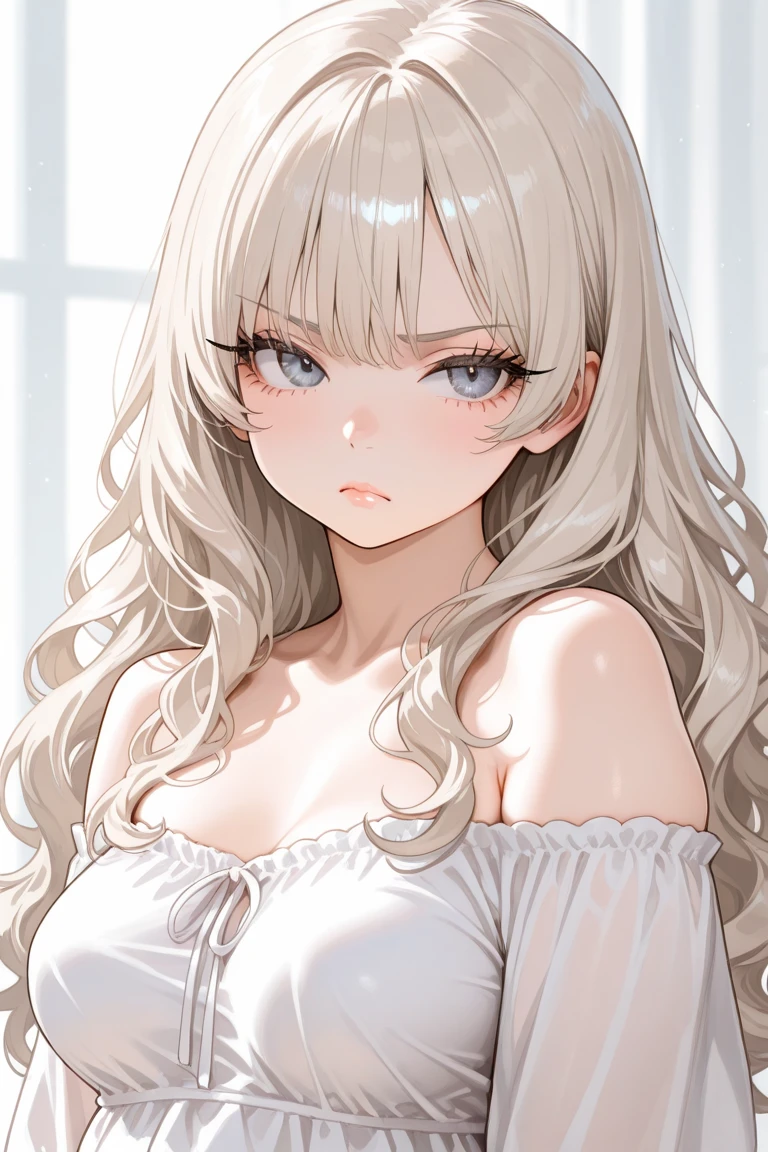 Score_9, Score_8_up, Score_7_up, 1, woman, long straight hair with curly ends, light brown hair, split bangs, gray eyes, large breasts, expressionless, white chemise dress V-neck squinting eyes, mouth closed, standing, arms crossed, side view, thighs, bottom view, upper body, masterpiece, best quality, white background, long parted bangs, long ears, character design, full sheet