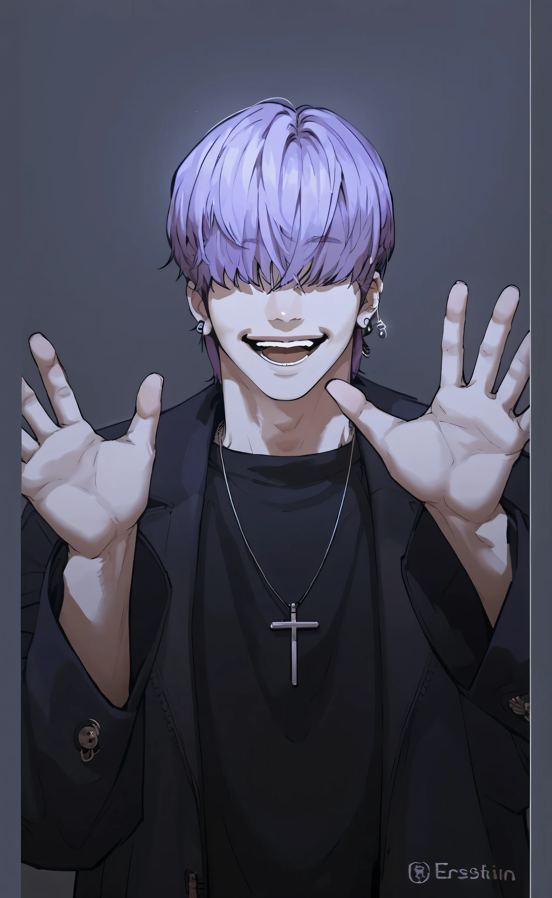 1male, solo,purple hair,hair over eye,earringsr,portrait,smile,open mouth,cute,lookism_style,