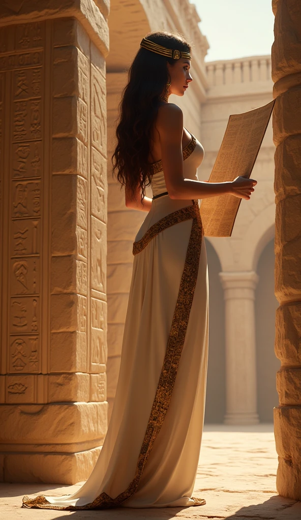 A crumbling ancient Egyptian empire, with Cleopatra holding a scroll that looks like it’s about to fall apart, symbolizing the decline of Egypt under her rule.Make it historical images looks