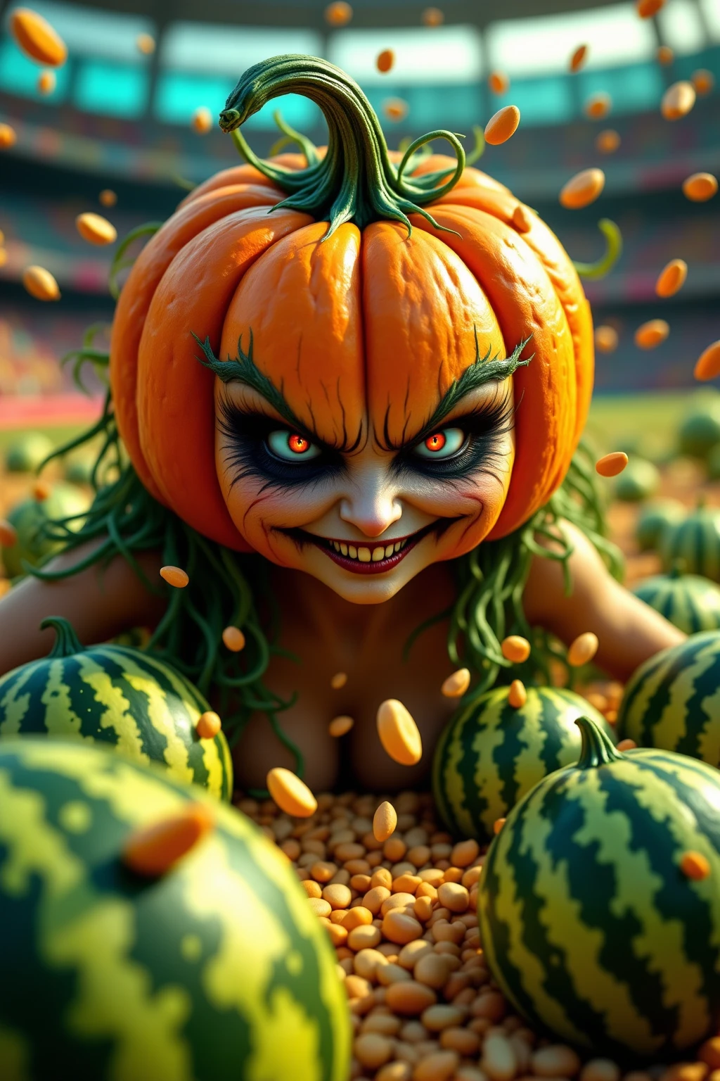Evil pumpkin woman, Watermelons attacking humans, wicked smile, colorful stadium, Various seeds thrown into the stadium A pumpkin woman with a strangely beautiful and eerie expression, Watermelons attacking humans 장면, Strong colors and strong expressions, Colorful sports stadium background, Various seeds flying in the air High definition, Masterpiece, hyperrealistic, detailed, Professional Level, Vibrant colors, rich texture, HDR, Charming atmosphere, fantasy, Outstanding sci-fi artwork, Precise 3D rendering, Vivid lighting effects , Balanced composition, dramatic contrast