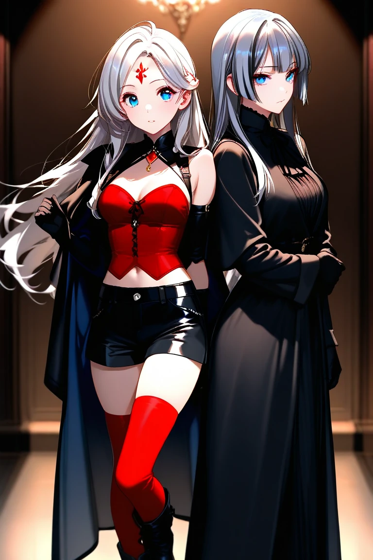 woman with white hair and blue eyes, in black lace bikini, next to a man with brown hair, brown eyes and medium beard, short cuts, black color with red stripe, the two of them together and hugging very happily.