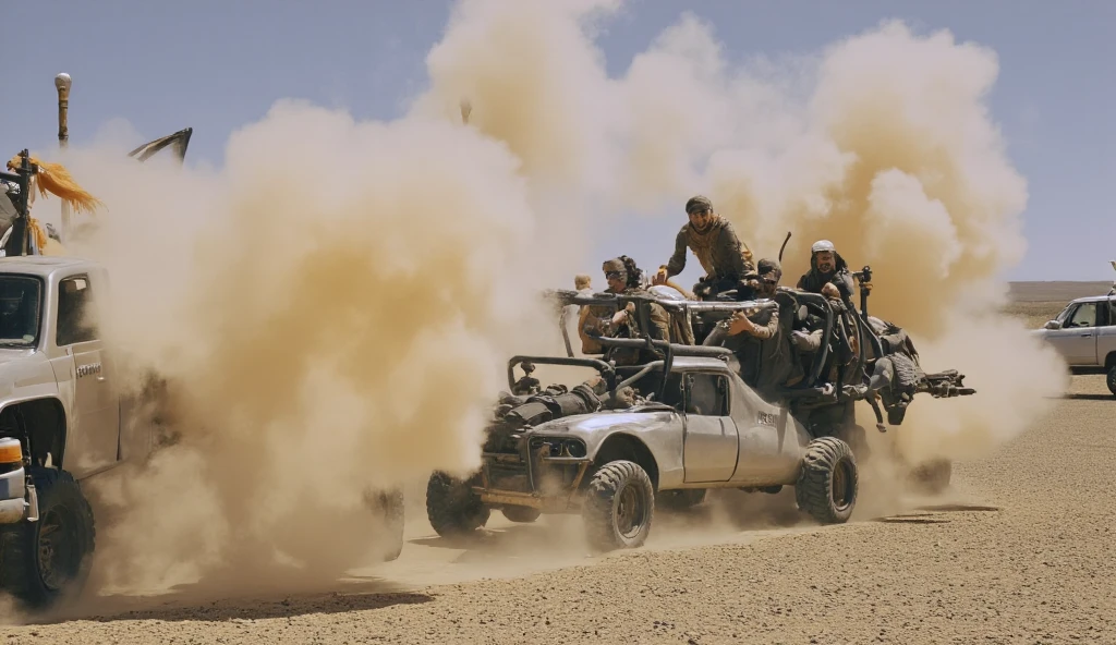 Mad Max style photo of young female, blonde dreadlocks, mech armour, driving dune buggy, desert sands, dust clouds, abstract beauty, near perfection, pure form, intricate detail, Mushroom Cloud, winner of the year's best photo, the world on fire, post-apocalyptic hellscape military photography, photo epic of the year, fire on the horizon, epic cinematic shot, pure form, intricate detail, 8k post-production, High resolution, super Detail, trending on ArtStation, sharp focus, studio photos, intricate detail, Very detailed, By Greg Rutkowski, 8