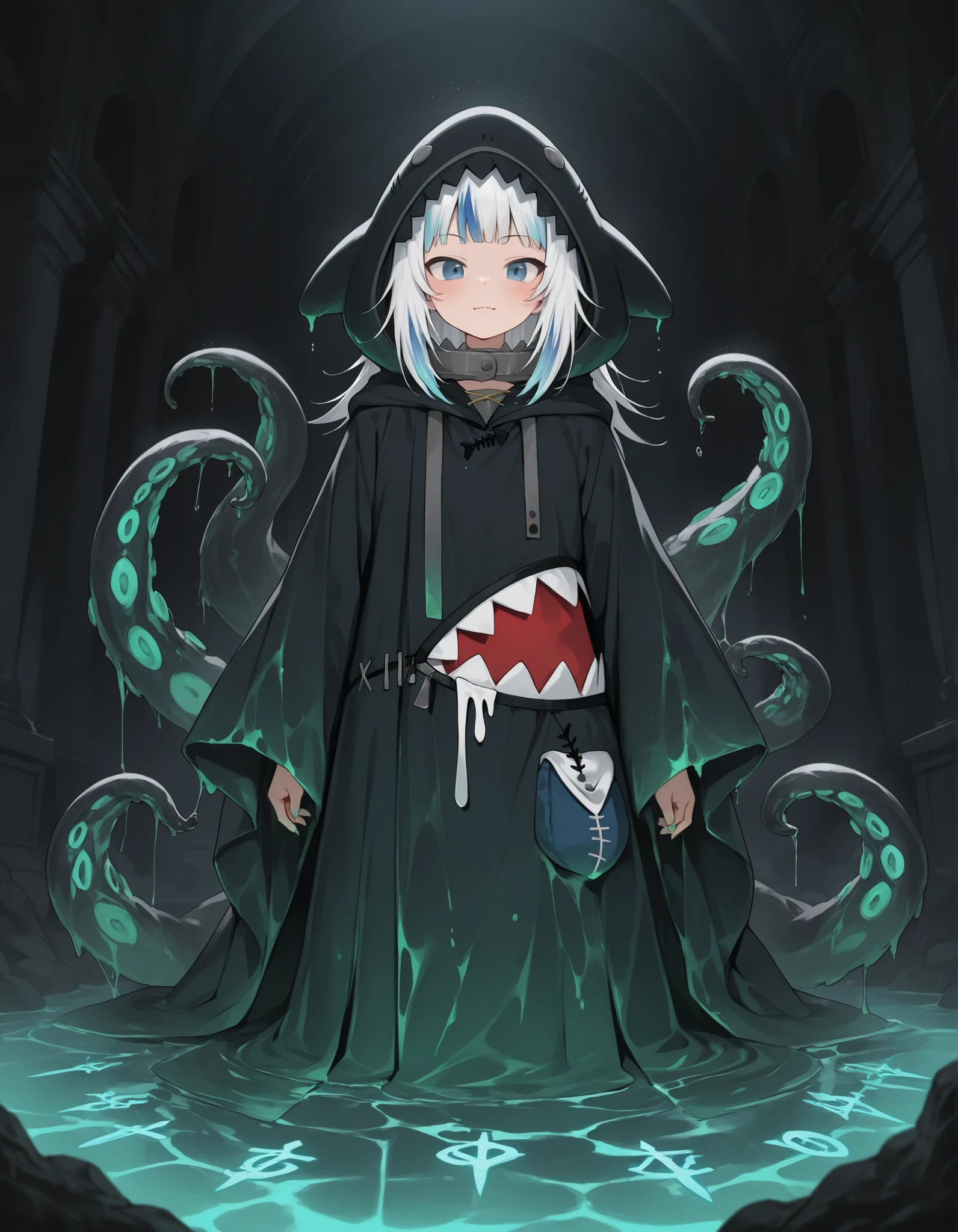 gawr gura,mad cultist in tattered robes, writhing tentacles emerging from sleeves, eyes black with eldritch symbols, standing in flooded basement, glowing green runes on wet stone floor, grotesque fleshy altar, shadowy tendrils creeping from cracks, distant inhuman whispers in the air, fish-like mutations on skin
,masterpiece, best quality, newest, highres, absurdres,