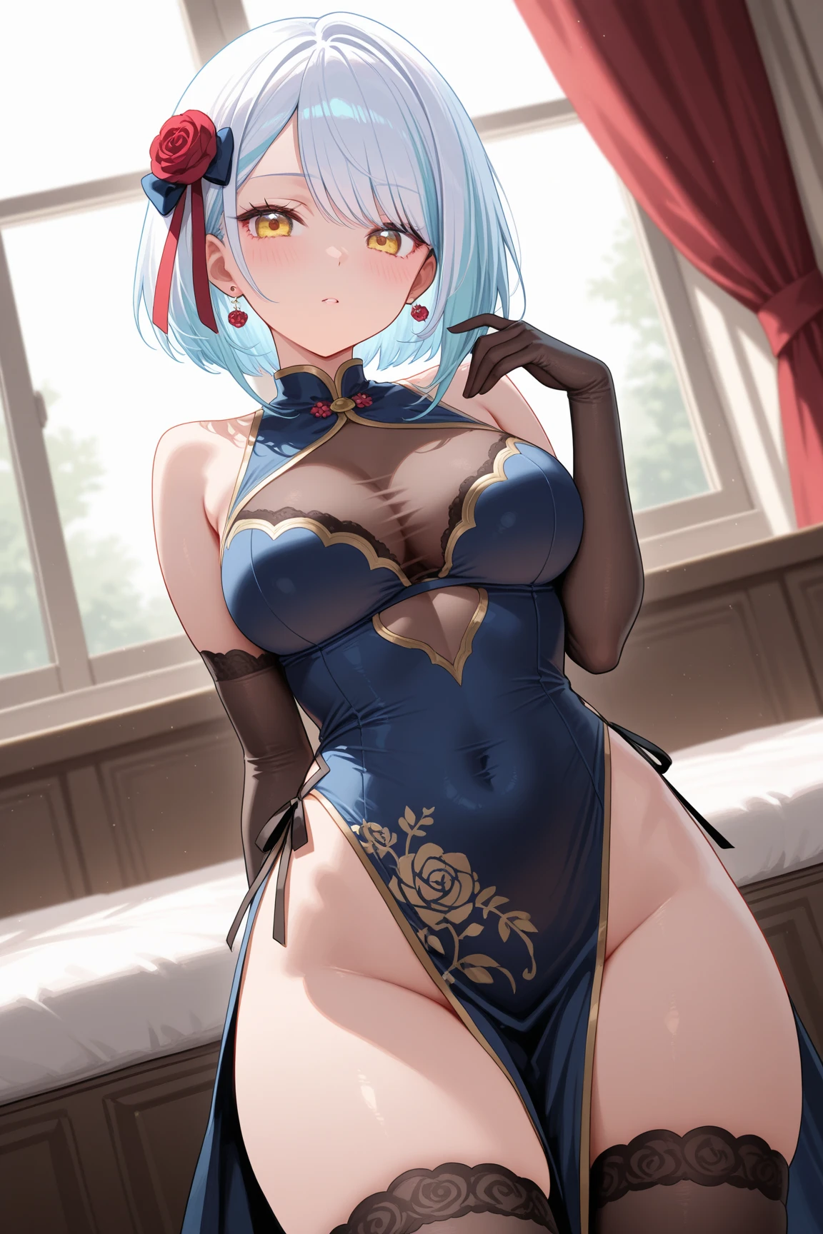 loli body, sensual cleavage, skin-tight red dress, round breasts, thick thighs, Ultra HD, 4k image, character close-up camera, V-shaped panties, panties below the waist, Best image quality, artistic cousin, 超高分辨率, (Fidelity: 1.4), photore, 1girll, light green eyeballs, eyelashes, beautiful pupil, shadows, light blush, delicate facial features, reasonable facial features, bare shoulders exposed