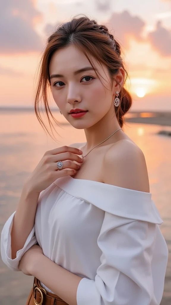 masutepiece, Best Quality, Illustration, Ultra-detailed, finely detail, hight resolution, 8K Wallpaper, Perfect dynamic composition, Beautiful detailed eyes, Wear a dress, Natural Color Lip,Beach, Random and cute poses, Kissing face,Close your eyes,Face Kiss Viewer,Perfect and beautiful face,Cute,Sexy face,Sunset,A face that felt ecstasy,Feminine face,Expression of excitement climax having sex