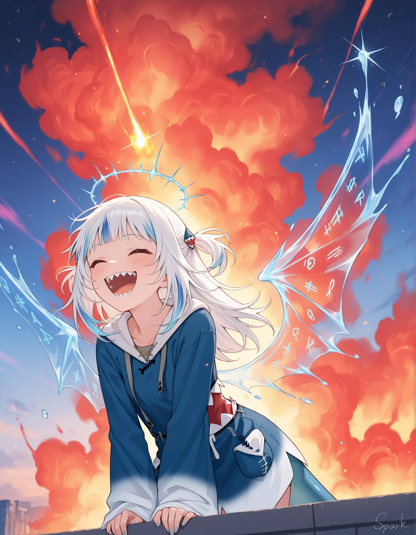 gawr gura,(translucent wings DRIPPING with liquid starlight:1.3), (laughing while SETTING CLOUDS ON FIRE:1.5), (spark trail forming mischievous runes), floating sky gardens, pastel aurora backdrop
,masterpiece, best quality, newest, highres, absurdres,