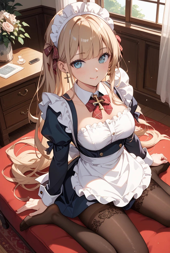 masterpiece, high res, detailed face, detailed eyes, anime screencap, 1 girl, solo, medium breasts, blonde hair, blue eyes, messy hair, red ribbon, blue dress, apron, blue cape, white black striped high stockings, closeup, ((disgusted)), sitting against the wall, spread my legs,