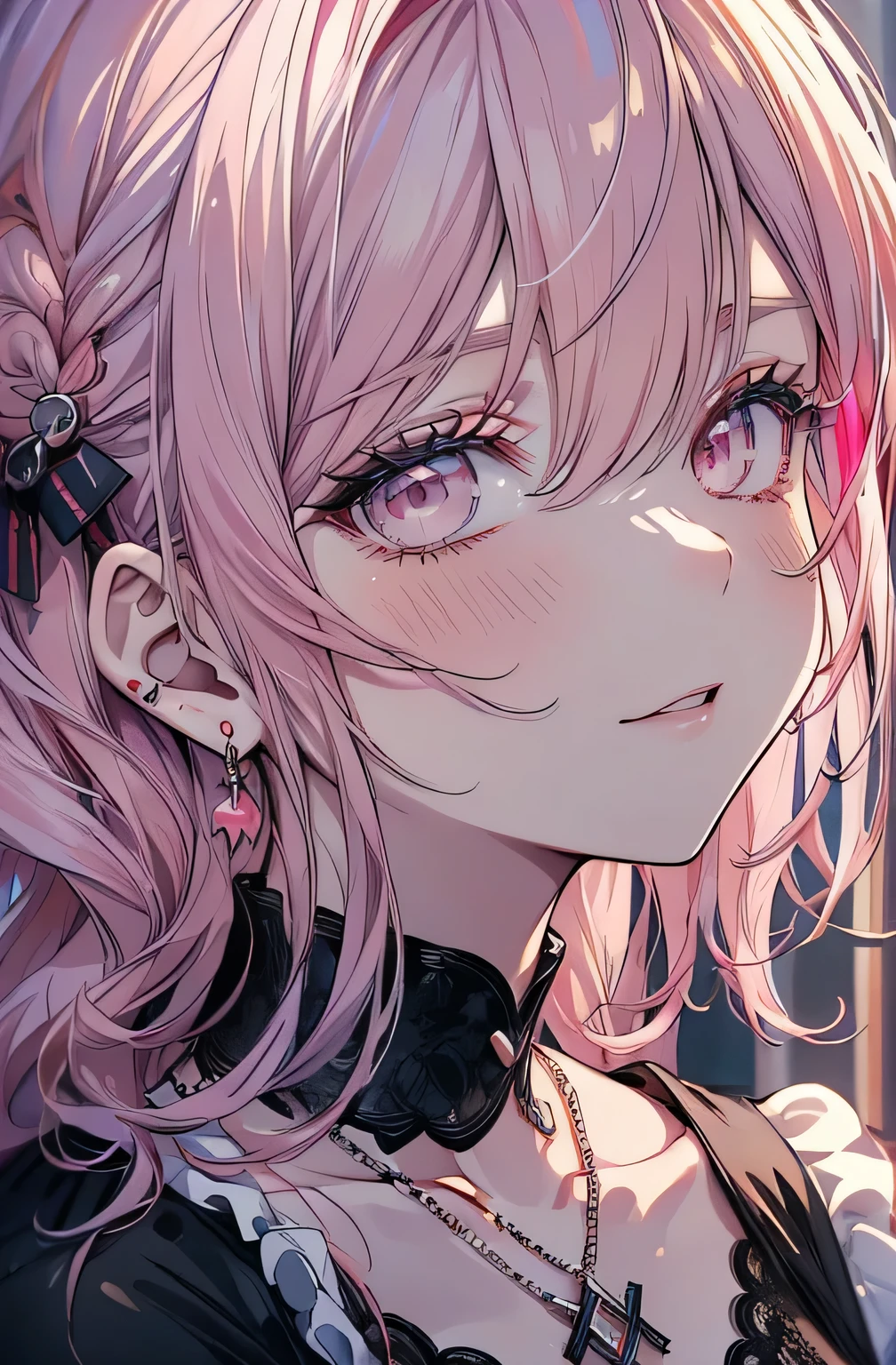striped hair,pink twintail hair, Hello,  mole under eye, mole under mouth, heart shaped eyes, long eyelashes, pink eyes, heart shaped choker、Full body Esbian、look at the audience、shy, blush, teeth, ear blush, nose blush,anime style, color field paint, ray tracing, bloom, one person&#39;perspective, nffsw, award-winning, 16k, 最high quality, advanced details, high quality, table top, High resolution, Accurate, Super detailed