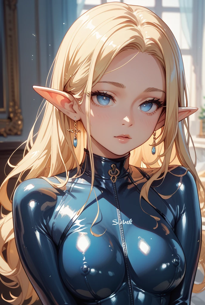 (masterpiece, best quality) detailed, silver accessories , zipper unzipped , blonde ,elegant, pointed ears ，bikini