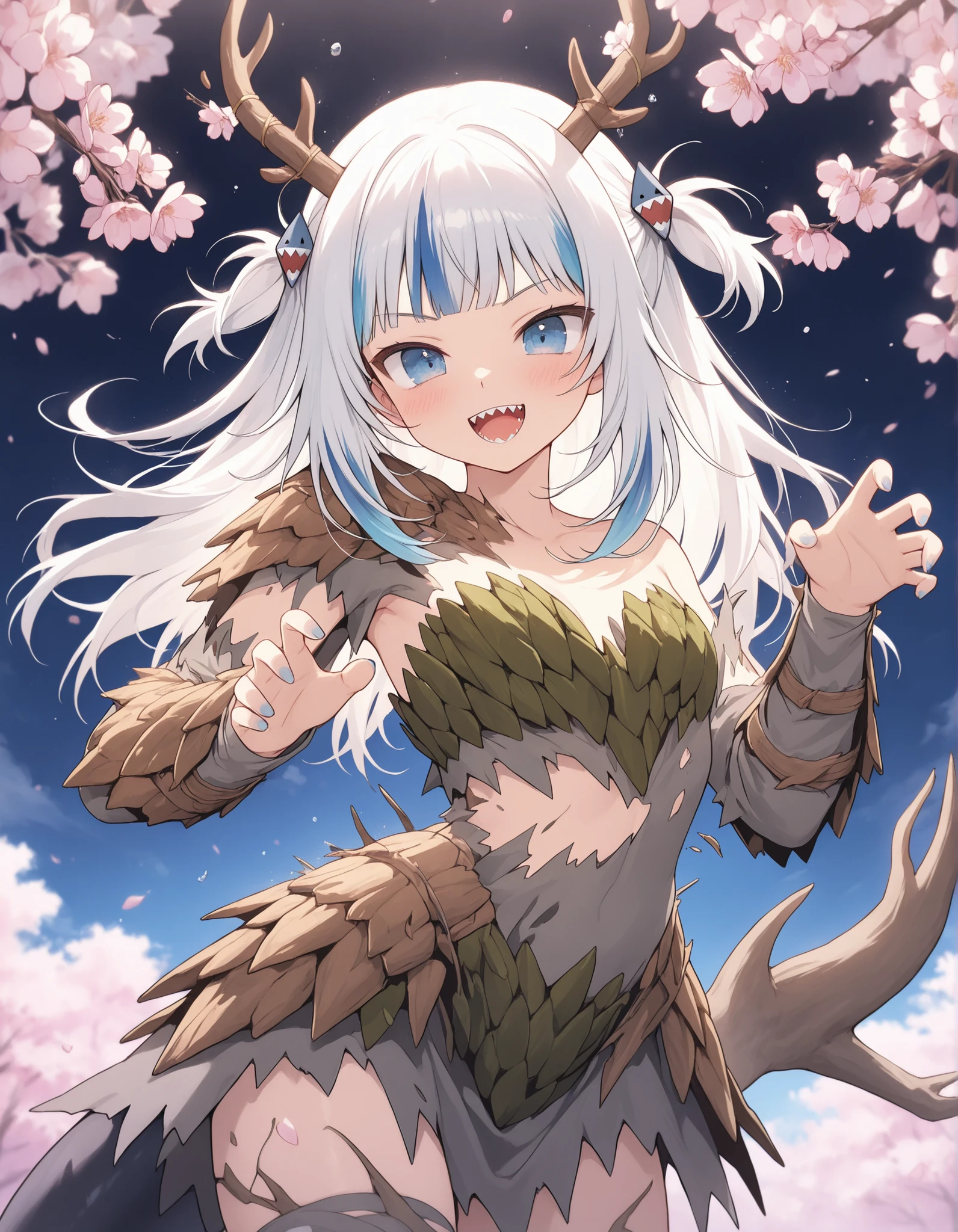 gawr gura,(bark-armor GROWING from skin:1.3), (transforming into a STAG mid-leap:1.5), (antlers sprouting cherry blossoms), mystic grove, golden pollen haze

,masterpiece, best quality, newest, highres, absurdres,