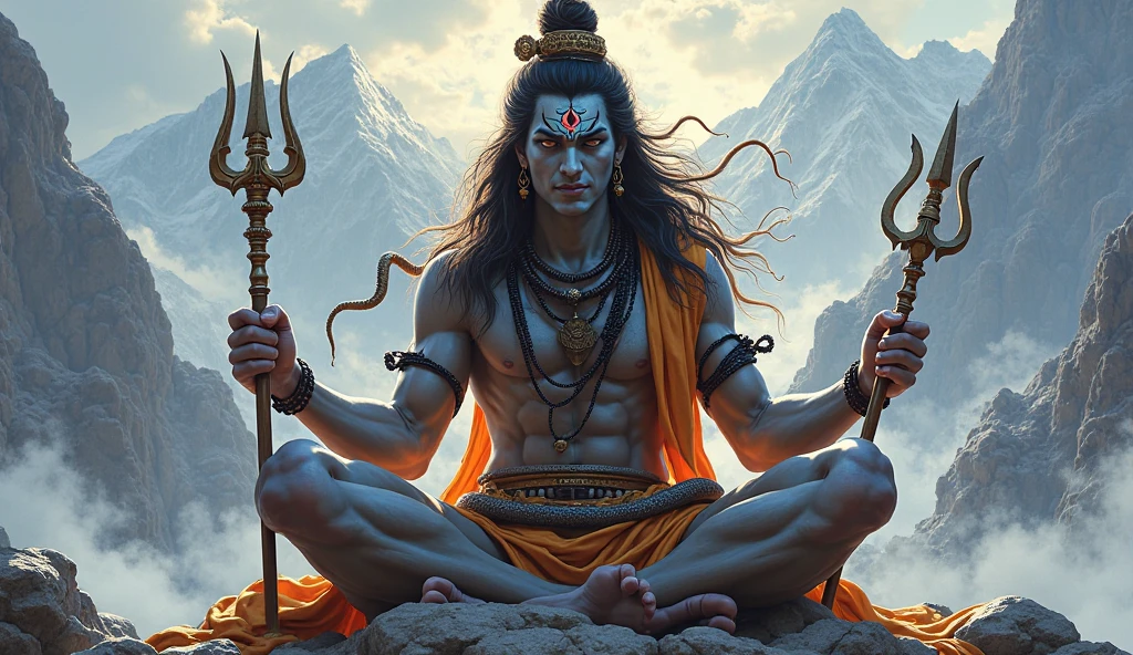 a man (fit big body ,blue body, head's eye,goddess cloth , background head lite,near stand trident,fire)sitting on mountain flight  shiva, lord shiva, god shiva the destroyer, hinduism, hindu gods, neck around snake , devainart, by Max Dauthendey, shakti, beautiful depiction, goddess art, inspired by Kailash Chandra Meher, hindu art, hindu god, nirvana, vish ,devi Parvati and bhagavan shiv shankar (hindu)
,dark  maditation  position 

