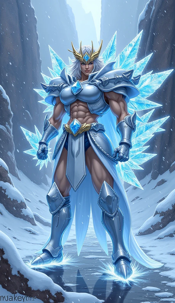 (good structure),high dynamic range,ultra high definition,8k,Ice Giant,Giant Clan, bare pectorals, crystal, fur trim, glowing, ice, large pectorals, male focus,A floating giant ice hockey ball,smoke,Ice blue skin,Frozen on the body, muscular, muscular male, pectorals, solo, thick thighs, thighs, white fur, white hair