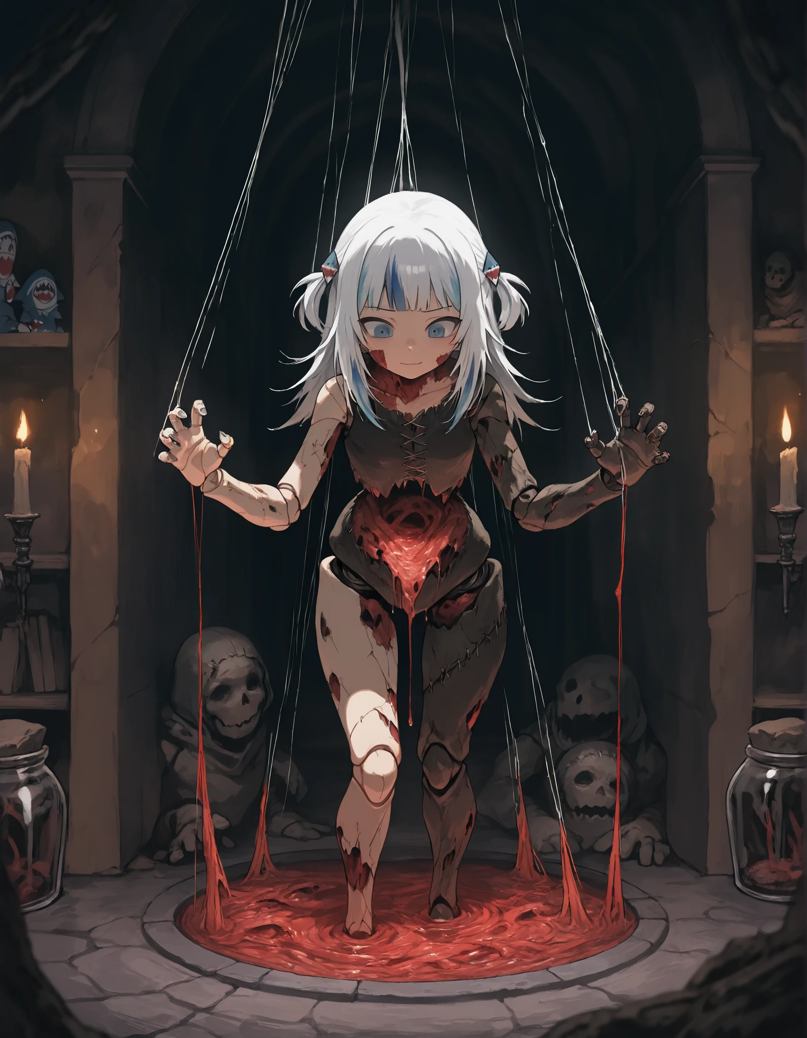 gawr gura,stitched-together flesh golem, mismatched limbs and sewn-on faces, rusted nails holding joints together, leaking black ichor, standing in candlelit dungeon, shelves of preserved organs in jars, arcane symbols carved into rotting flesh, puppet strings hanging from unseen force
,masterpiece, best quality, newest, highres, absurdres,