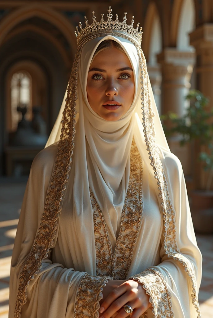 celestial and charming and beautiful and elegant Hazrat cinderella( نبي الله سندريلا صلى الله عليها وآله وسلم) 1990 live - action movie first look, grainy, vhs filter, wearing glittery tulle cape and glittery tulle cloak as ancient and enigmatic muslim prophetess with irresistible holy aura, invites the wretched and beggers to islam and monothemism and allah, her jewelries and dress sparkles intensely shiny 