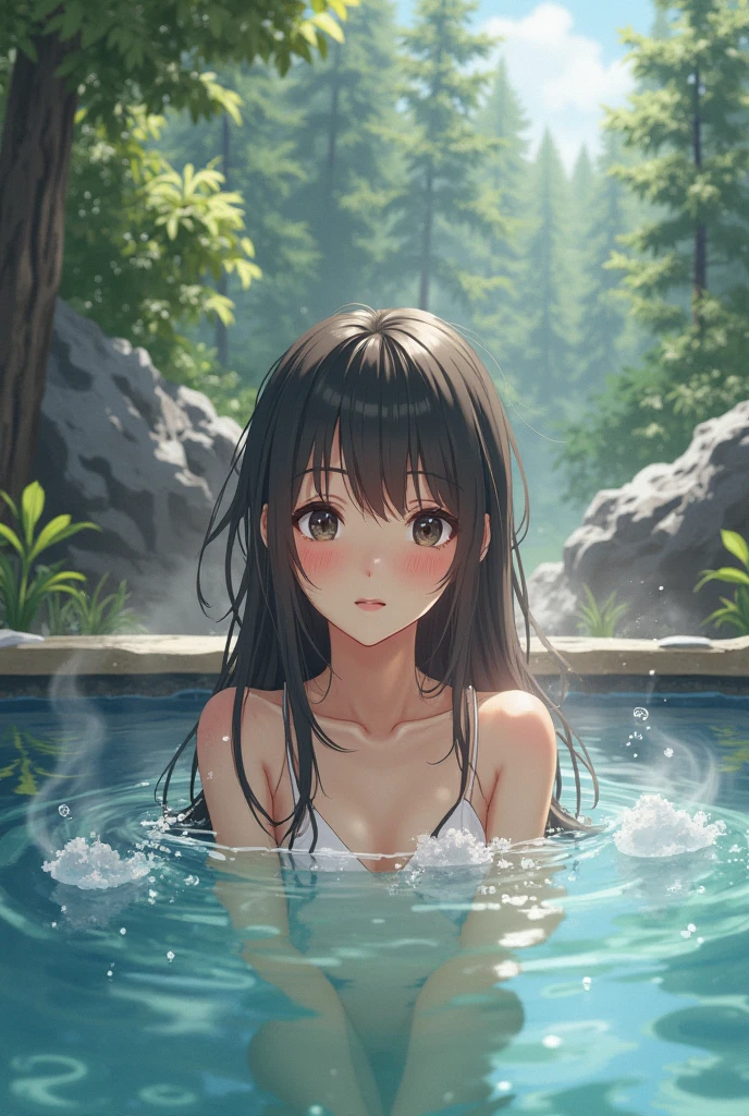 Realistic background blur that looks like it was taken with a high-performance camera.、Please provide high quality illustrations.......。A beautiful girl soaking in a hot spring with a relaxed expression.、The steam rising from the bathtub is beautifully depicted........。Attention to detail in hair and skin、Enjoy the natural texture。To convey the atmosphere of a hot spring area、Please draw the surrounding scenery and hot spring facilities........。Highlight that the beautiful girl is wearing a red bikini。。、Please draw an illustration that takes advantage of her charm........。"
