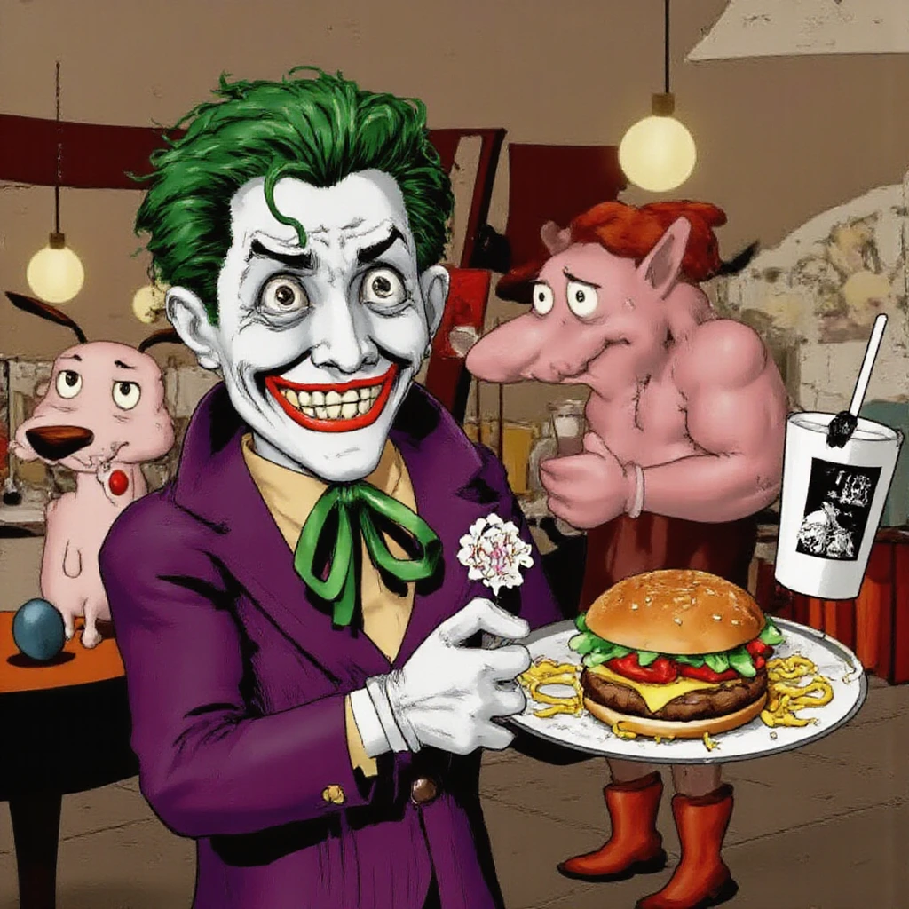((((masterpiece: 1.2)))), (((photograph: 1.1))), Medium shot, high angle, ((((Joker working at McDonald's: 1.4)))), delivering a tray with a hamburger, fries, a glass of soda, and (((a muscular "Courage the Cowardly Dog" toy: 1.2))). Joker smiles exaggeratedly.