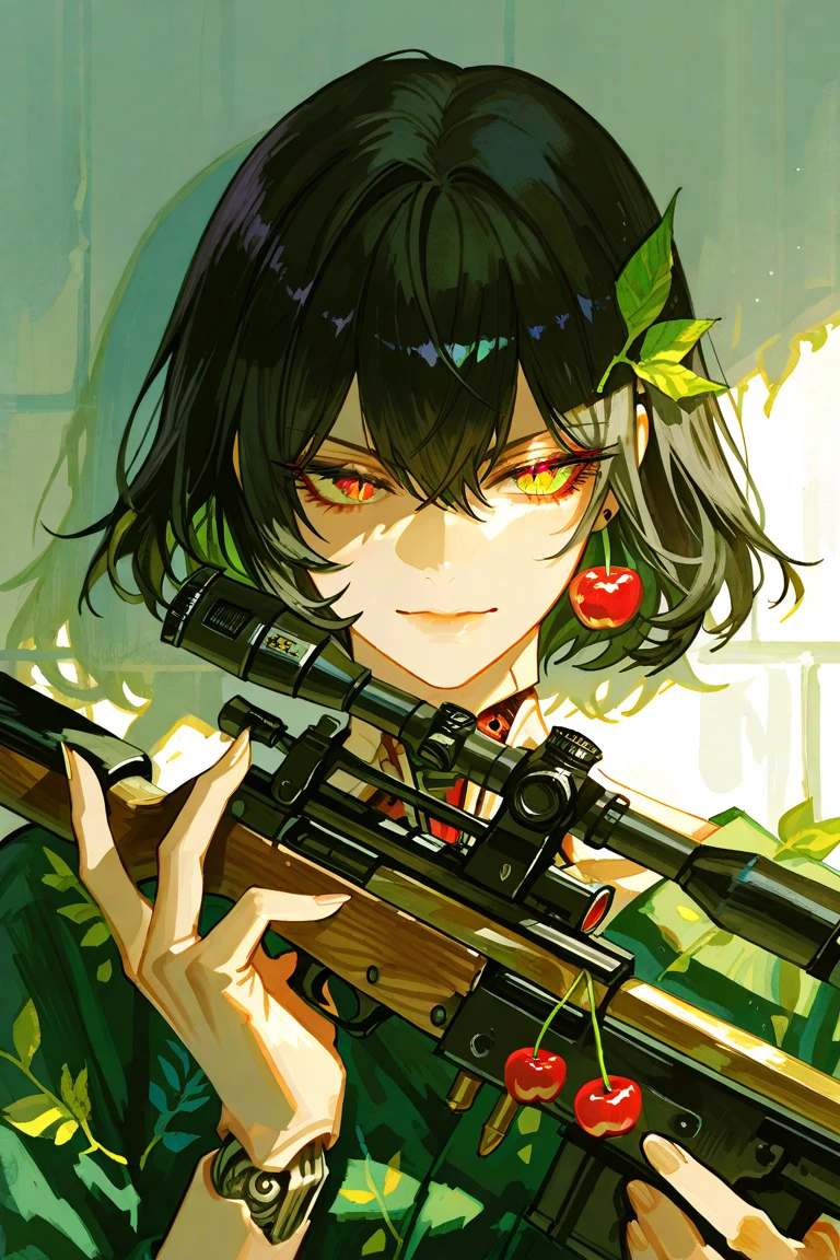 점수_9, 점수_8_위로, 점수_7_위로, Solo, Watercolor, A lone fruit-themed sniper under soft sunlight, holding a sniper rifle with cherry-shaped bullets and fruit-inspired design details, The weapon blends mechanical parts with organic fruit textures—like a cherry barrel tip and leaf-wrapped scope, The scene is colorful yet serene, with soft shadows and fantasy elements, (master piece), handsome, best quality, impasto, perfect face, adult female, full-body portraits, delicate hand, overwhelming, Sharp Eyes,