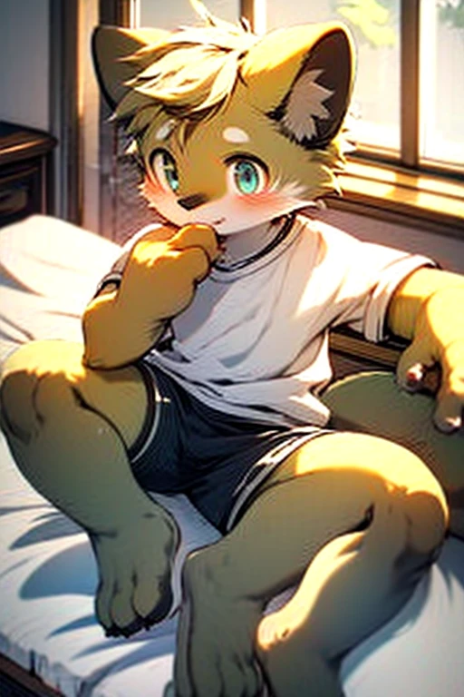4k,8k,high resolution,obra de arte, melhor qualidade,olhos azuis, peludo, Sozinho, Vestindo shorts pretos lisos, pelo molhado, alagado,cauda curta((gato preto,shota))in lab