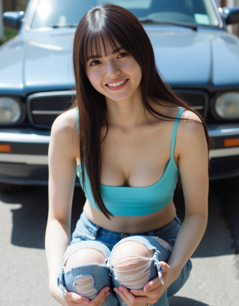 (long shot:1.5),(thai Women),(On the bonnet of a running car:1.5),(Carl outward hair),(huge breast:1.4),(slender waist:1.3),(highway:1.3),(with the legs spread:1.3),(sleeveless shirt),darkskinned,(smile),(((top-quality,masutepiece,8K,Photorealsitic)))
