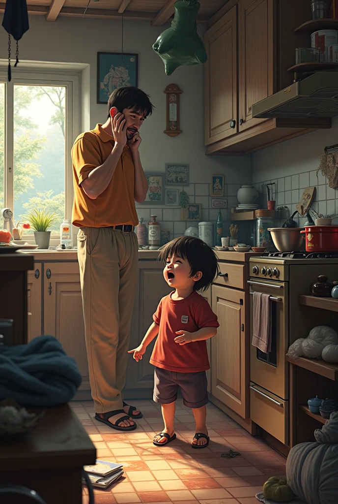 : A young boy standing by a door, peeking into a room where his father is working. The boy has a curious expression on his face.