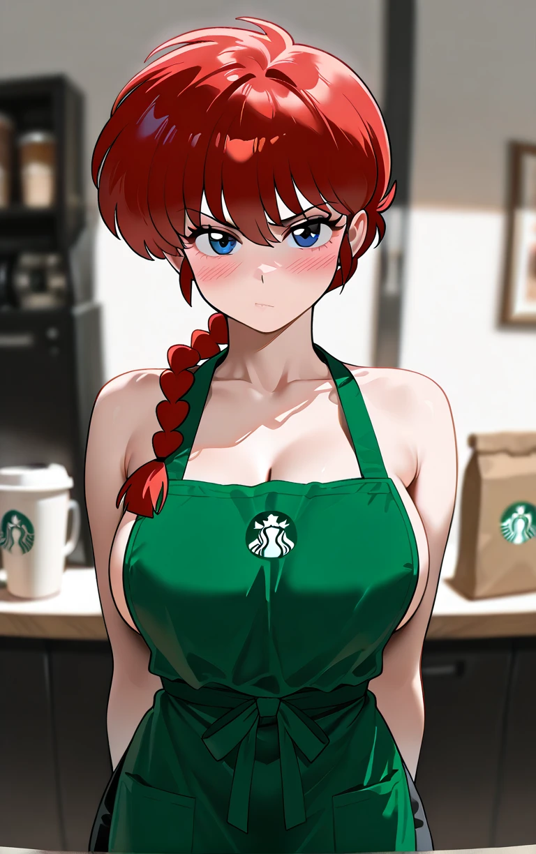 masterpiece, best quality, highly detailed background, perfect lighting, best quality, (extremely detailed face), volumetric lighting, intricate details, shadow, tonemapping, sharp focus, hyper detailed, trending on Artstation, (solo) ((Looking at the viewer)) (long red hair) (Hair over face) (only one eye visible) (curvy) (Big breasts) (Green apron. naked below)((Blue eyes)) ((human)) (sexy pose) (in the bar) (smile) (Starbucks logo) ((two long braids))