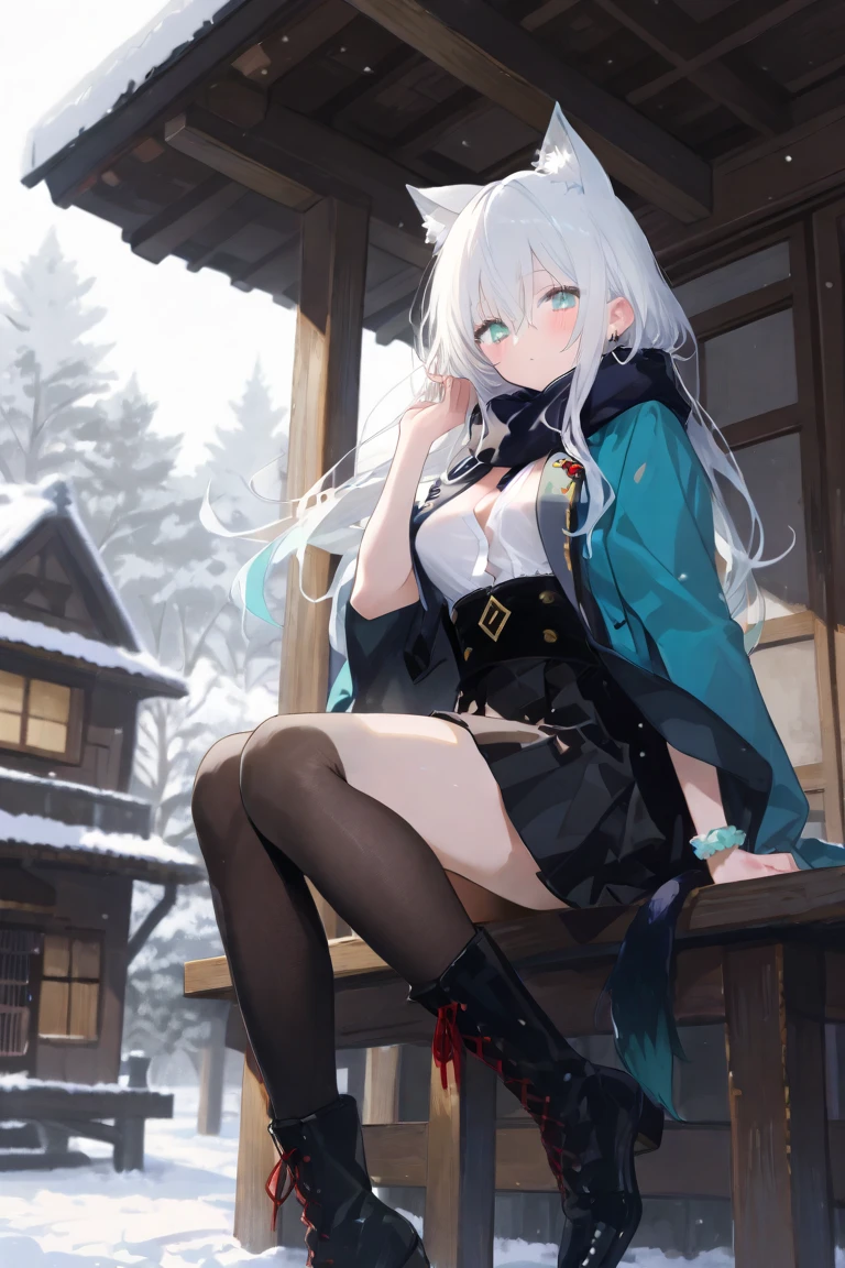 Girl sitting on a bench, nahida, pixie, elf ears, Beautiful ears, green colored eyes, people's casual clothes, Pantyhose, White tights, Winter time, snowing, little chest, You can see the underpants, upskirt, blackskirt, Elf Girl, 8k graphics High-quality detailed graphics, ((Masterpiece)), Top Quality, accuracy, ((((super detaill))))
