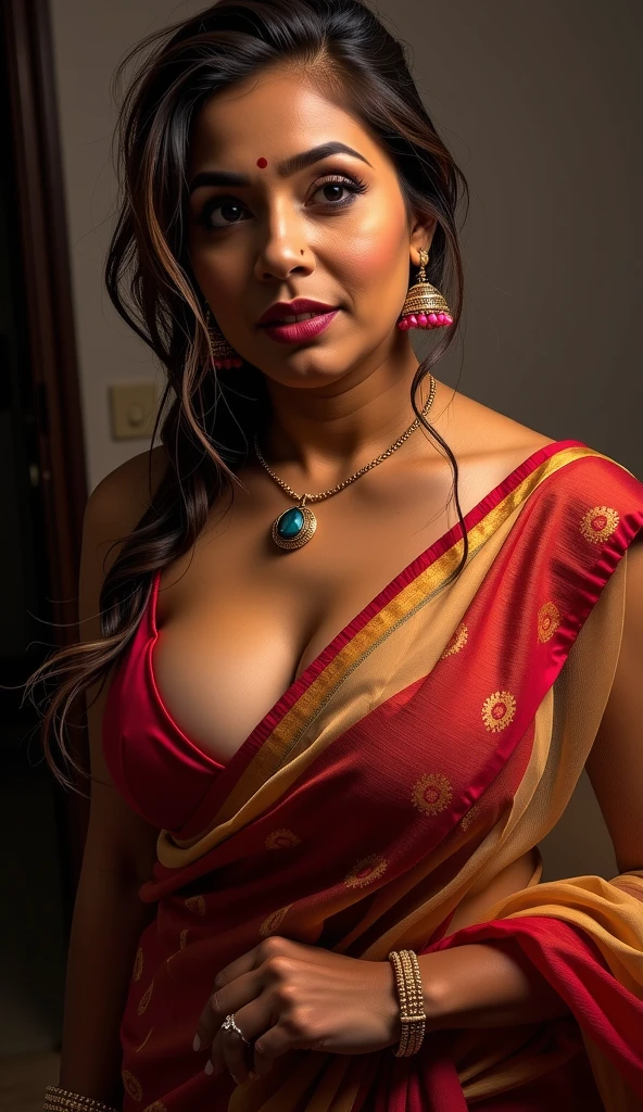 extreme close up photo of naked indian, big cheeks, hourglass figure, curvy, kneel down on all four on table in office, red lips, nerd glasses,big , necklace, sultry, only saree, no blouse,no bra,look at viewer and subtle smile, (cinematic:1.3), intricate details, (ArtStation:1.2)
