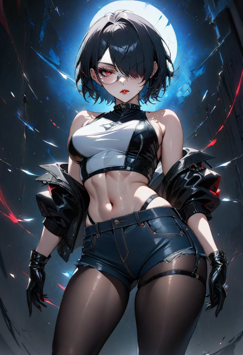 Transcendently Beautiful Girl, (masterpiece face, masterpiece eyes:1.1), BREAK, (Dark skin:1.7), (very short hair, hair over one eye:1.3), (grey hair, short shaved sides, very short back, very short side, under cut, side cut:1.3), BREAK, Flat_Chest, Huge_breasts, wide_lower back, smirk, bare shoulder, midriff, zettai_ryouiki, navel piercing, choker, tank_top, low rise short tights, (black fingerless_gloves, jacket, knee_boots), skindentation, crop_top, thigh_gap, black Clothes, BREAK, (Five Fingers, 4fingers and 1thumb), (Bare arms, Bare shoulders), professional lighting, best quality, masterpiece, ultra detailed, captures a super cute moment, depth of field, ultra high resolution, fine details, 16k wallpaper,