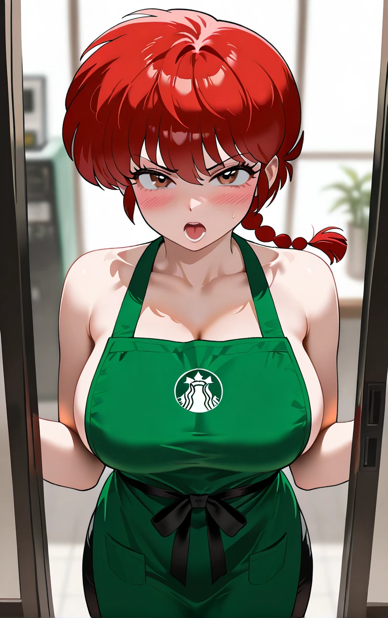 (POV from above), (Best quality: 1.5), (masterpiece: 1.5), (2.5D), (vivid colors), (1 character), (hentai), (perfect ???????), ( character in center), (absurd), (4k wallpaper), (detailed eyes), (perfect hands), (perfect fingers), (beautiful skin), (glowing skin), (perfect shadows), (perfect lighting ), (full body), (beautiful eyes), (masterpiece), (curvy and thick body), (pretty face), a cowgirl, cow tail, cow horns, (dripping milk from breast), in her twenties, standing by a bedroom, seductive pose, thick thighs, big breasts, big rear, wide hips, out of breath,red head haired, short messy hair, wearing a green apron only, (barista),  out of breath, aroused, blue eyes with a blushing and slightly smiling face, curvy body, good proportions, slightly tiny bit chubby, horny expression moaning, lactating tits