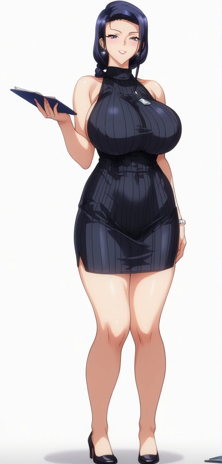 (best quality:1.5, highres, UHD, 4K, detailed lighting, shaders, HDR, hand depiction, anime style), brown wavy hair, forehead, large breast, fancy black dress, tight dress, sleeveless, off shoulder dress, hip windows dress, hips showing, big hips, jewelry, smiling, blushing:1.5, standing, pov, night, seductive