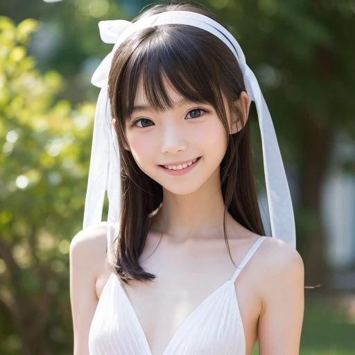 highest quality, High resolution, Realistic photo, Detailed skin texture, ((Cute 6 year old Japanese girl wearing a see-through short white camisole)), View your viewers, Slim figure, Attractive gaze, Fair skin, (Flat Chest:1.5), Straight long hair, (:1.2), In the park with cherry blossoms falling