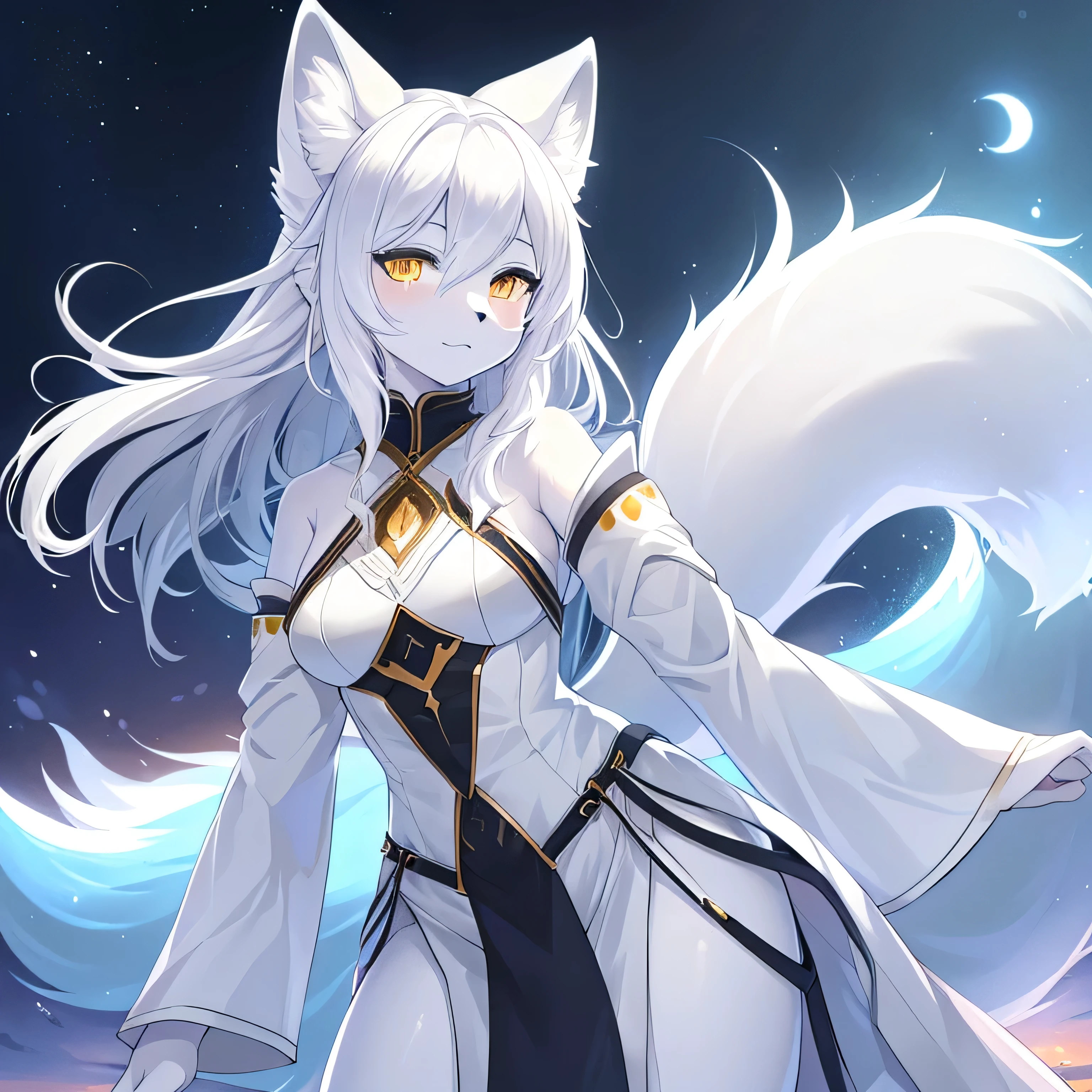 the only person,(Arctic Fox:1.5), ( White Skin:1.3), furry,(white hair:1.3),((golden pupils)) ,( gray ears),(furry 动物 耳朵s), full of hair ,Wearing a black magician 'robe, black magician pants , kneeling on one knee on the grass ,Behind it is a starry sky ,facial focus,detailed face,delicate eyes,upper body