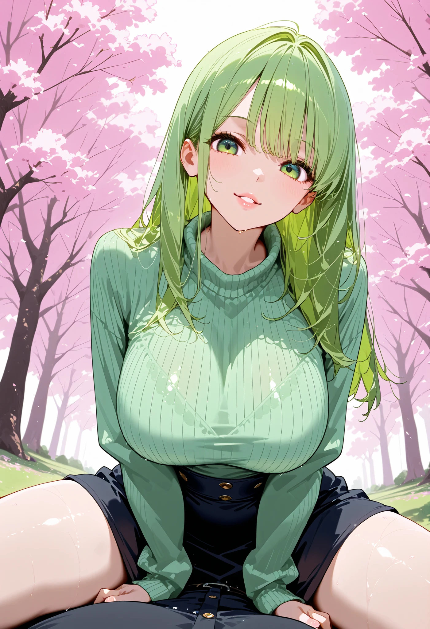 top quality、high resolution, one woman, big , has sex appeal,older sister, big eyes, Baby-faced Long Hair,hair is green,Delicate green eyes , long green hair with light pink mesh , Beautifully Detailed Lips、 big breasts , big breasted , Cherry blossom trees, Casual Sweater ,Date Clothes,bewitching smile,