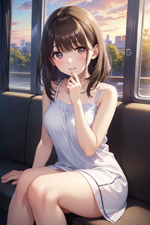 shooting from above、upward glance、Tilting head, real person, RAW photo, photorealistic, portrait photography, shiny skin, japanese idol, 25 year old woman with bangs、(medium hair) and (brown hair), white V-neck Blouse, cleavage, serious expression、(blush:1.2), The background is a taxi seat 、Alone、Upper body is shown