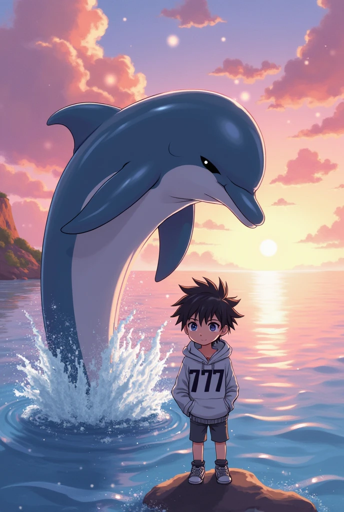 An anime-style dolphin jumping out of the ocean next to an anime boy ...