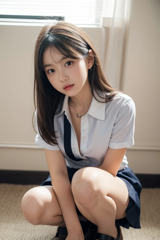(close:1.4)、(RAW shooting:1.2)、(Photoreal:1.4)、(masterpiece:1.3)、(highest quality:1.4)、15 year old girl、(slender and beautiful girl)、(big and full breasts:1.2)、fluffy beautiful breasts、(sit on your butt on the floor)、(erect nipples:1.2)、In 8K、(table top:1.2)、(ribbon、knee high socks:1.3)、slender arms、slender legs、constricted waist、look at the audience、Sit on your knees、ribbonボンデージ、(Thin fingers and beautiful thighs)、(short bob:1.2)、school uniform、cute、cute、(white cat ears hair accessories:1.2)、