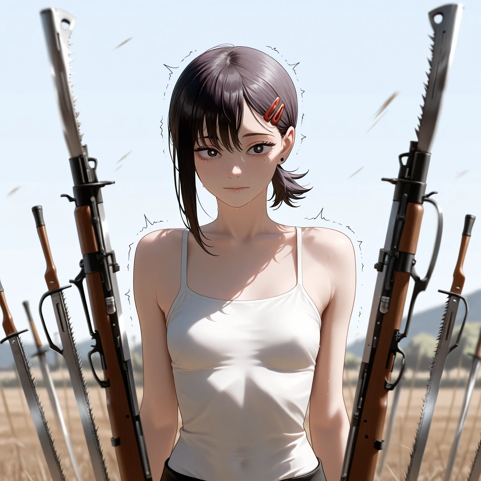 Kung Fu Master, Attention to detail, Realistic, Digital Art.female，cute，short hair，Gloves，Trained biceps，Bandage，bandage，Torn Skirt，Torn black tights，Black Hair，defeat，Sweat，Headband，Wound on arm，Scars on face，Torn clothes，wound on leg，Blood stains on the body，Painful expression，Disheveled Hair，Blood from the head，Tattered clothes，Aza on the face，Dirty body，Muddy body